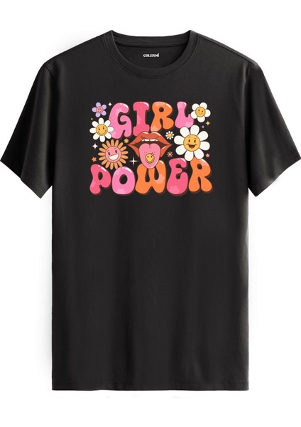 Girl Power Dudak ve Çiçek Tasarım Tişört