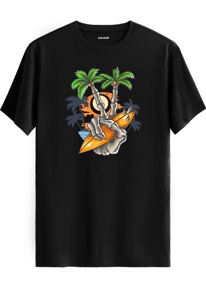 Surf Board ve Palmiyeler Baskılı %100 Pamuk Tişört