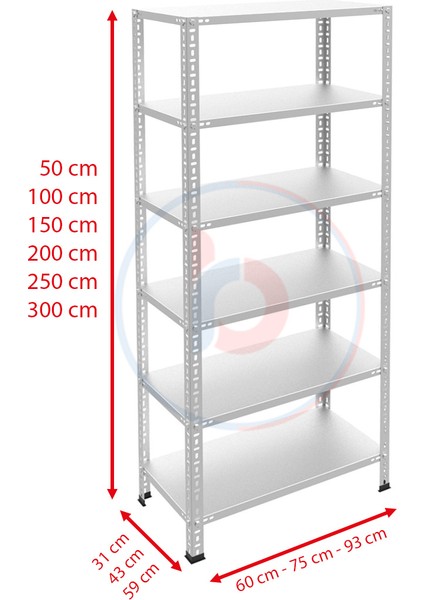 6 Katlı Galvaniz Çelik Raf - Depo, Arşiv, Kiler, Dosya, Market Rafı 31X60 CM-175 Cm-1.00 mm fiyatları
