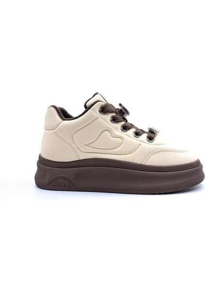 25K421 Kadın Emoji Süs Detaylı Kalın Taban Sneaker Ayakkabı Bej - Kahve