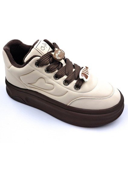 25K421 Kadın Emoji Süs Detaylı Kalın Taban Sneaker Ayakkabı Bej - Kahve fırsatları
