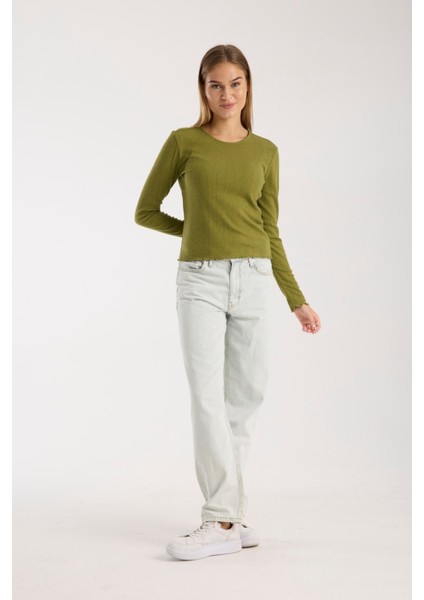 Kadın Ajurlu Yuvarlak Yaka Rahat Kalıp Uzun Kollu Bluz – Yumuşak ve Nefes Alabilen Kumaş 3003