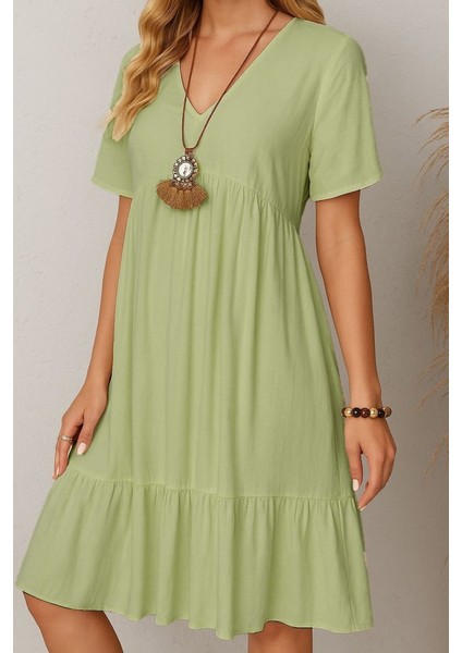 Kadın Kısa Kollu V Yakalı Fırfırlı Bürümcük Elbise 2xl-3xl-Yeşil fiyatları