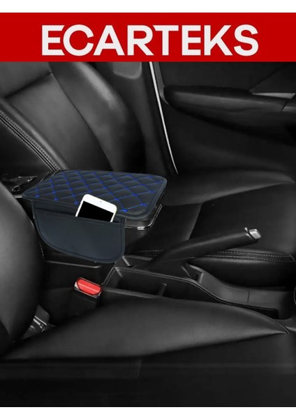 Siyah Zemin Mavi Iplik Kapitone Deri Oto Kolçak Kılıfı – Universal Kol Dayama Koruyucu