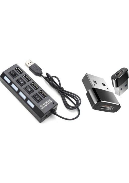 4 Port USB Çoklayıcı Çoğaltıcı On Off Işıklı ve USB Typce Dönüştürücü