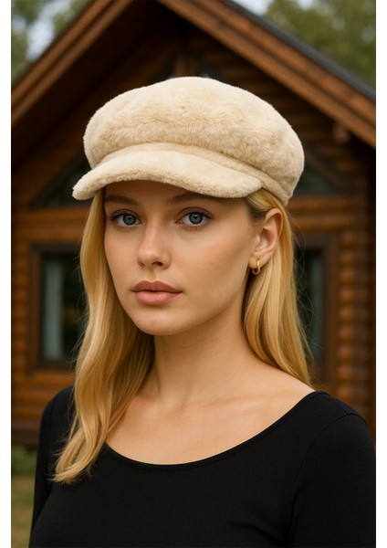 Denizci Tipi Bej Peluş Teddy Kasket Şapka