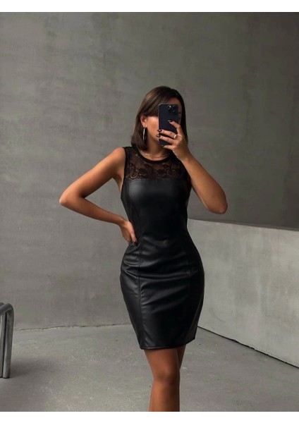 Üstü Dantelli Straplez Deri Elbise Siyah W24421 fiyatları