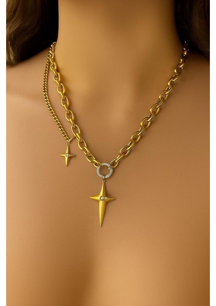 Altın Renk Çelik Yıldız Uçlu Kalın Zincir Kadın Kolye