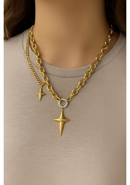 Altın Renk Çelik Yıldız Uçlu Kalın Zincir Kadın Kolye fiyatları