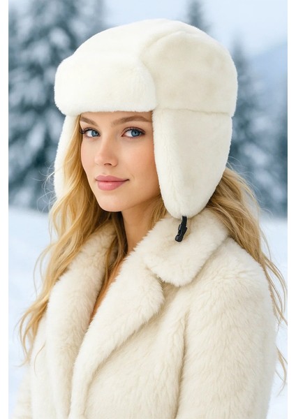 Kadın Bej Peluş Kulaklı Klipsli Bucket Bere Şapka – Yumuşak Polyester, Rahat ve Sıcak Tutma Özellikli