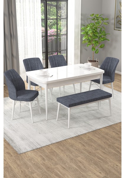 Arel Beyaz 80X132 Açılabilir Mdf Masa Yemek Odası Takımı, Mutfak Takımı 4 Adet Sandalye, 1 Bench