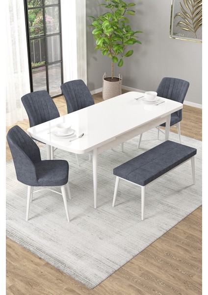 Arel Beyaz 80X132 Açılabilir Mdf Masa Yemek Odası Takımı, Mutfak Takımı 4 Adet Sandalye, 1 Bench fiyatları