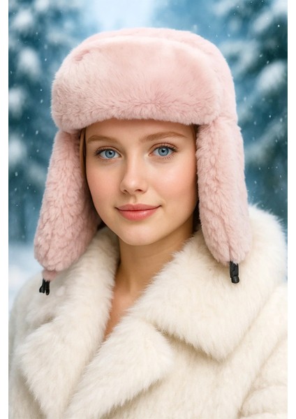 Soft Pembe Peluş Kulaklı Klipsli Bere Pilot Şapka