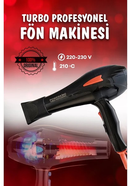 Powerking Profesyonel Turbo Fön Makinası Saç Düzleştirici Şekillendirici Saç Kurutma Makinesi 2 Kademeli