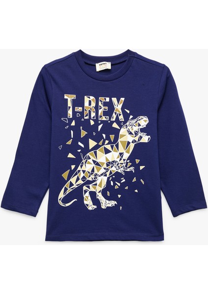 Pamuklu Uzun Kollu Bisiklet Yaka Dinozor Baskılı Tişört