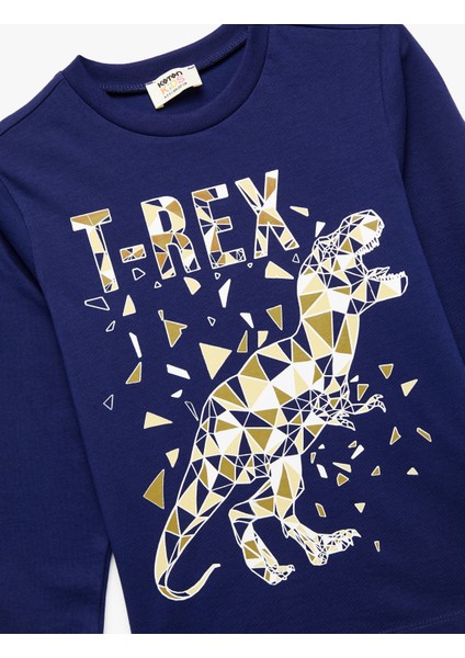 Pamuklu Uzun Kollu Bisiklet Yaka Dinozor Baskılı Tişört modelleri