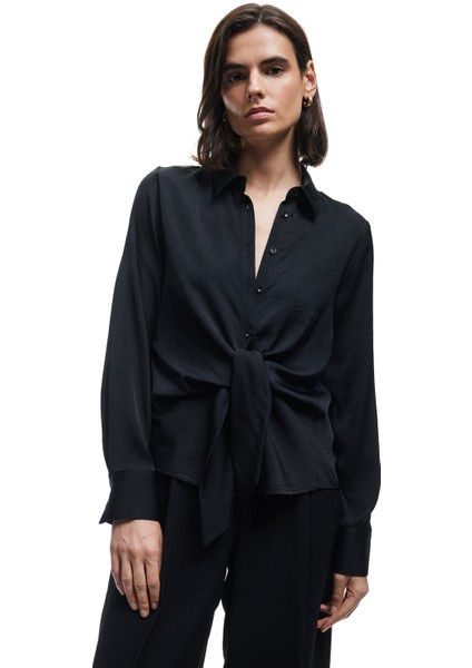 Aerobin Kumaş Uzun Kollu Önden Bağlama Detaylı Saten Gömlek modelleri