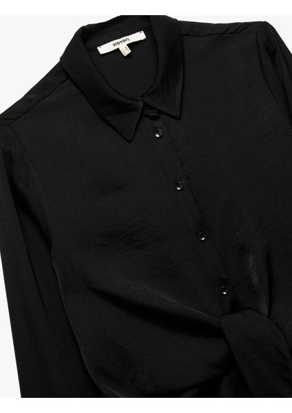 Aerobin Kumaş Uzun Kollu Önden Bağlama Detaylı Saten Gömlek