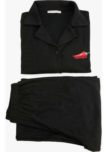 Gömlek Yaka Uzun Kollu Biber Nakış Detaylı Pijama Takımı modelleri