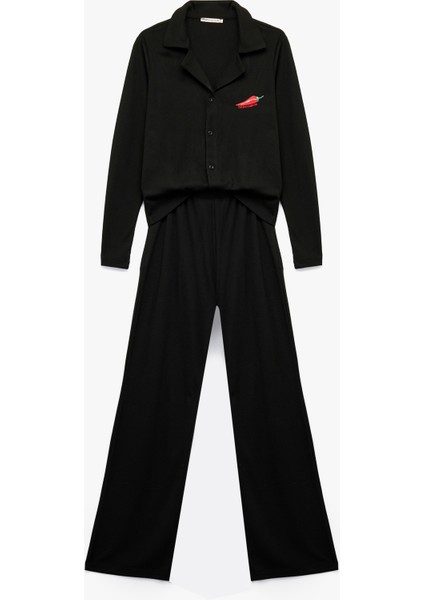 Gömlek Yaka Uzun Kollu Biber Nakış Detaylı Pijama Takımı fırsatları