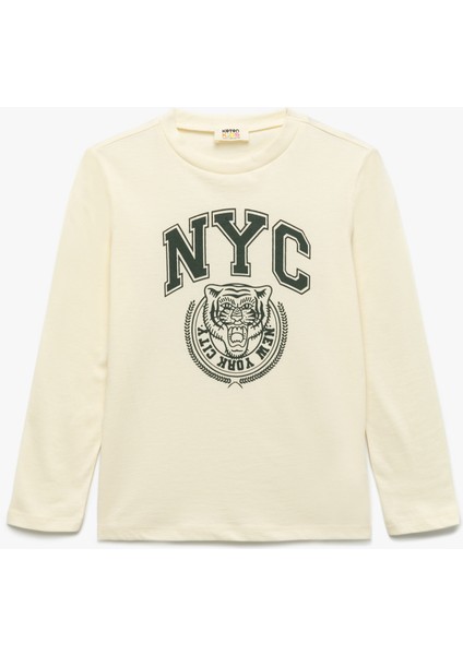 Pamuklu Uzun Kollu Bisiklet Yaka Baskılı Tişört