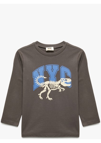 Dinozor Baskılı Uzun Kollu Bisiklet Yaka Pamuklu Tişört