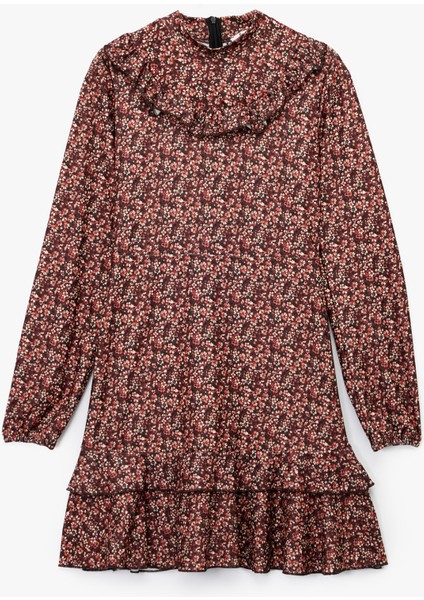 Slim Fit Fırfırlı Uzun Kollu Bisiklet Yaka Çiçekli Mini Elbise