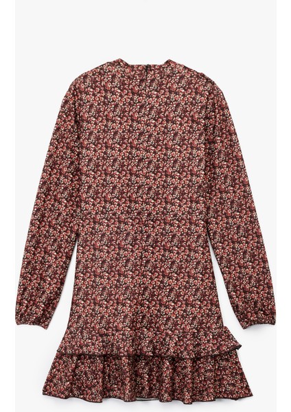 Slim Fit Fırfırlı Uzun Kollu Bisiklet Yaka Çiçekli Mini Elbise fiyatları