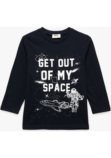 Pamuklu Uzun Kollu Bisiklet Yaka Uzay Baskılı Tişört