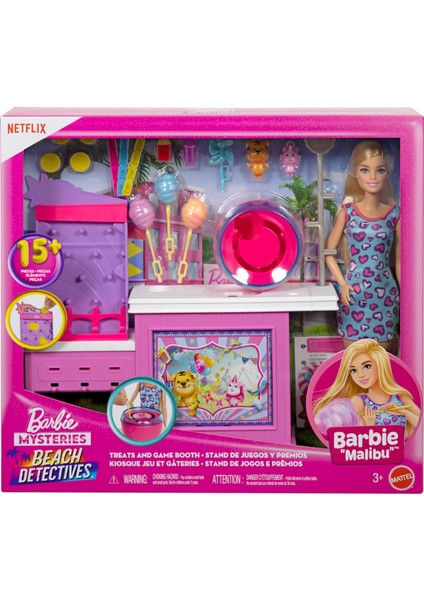 ® Mysteries Beach Detectives Bebek, Oyun Seti ve Aksesuarlar Barbie Mysteries: Beach Detectives Barbie 'malibu' Bebek, Pamuk Şeker Makinesi ve Aksesuarlar ile Oyun Seti JFV67