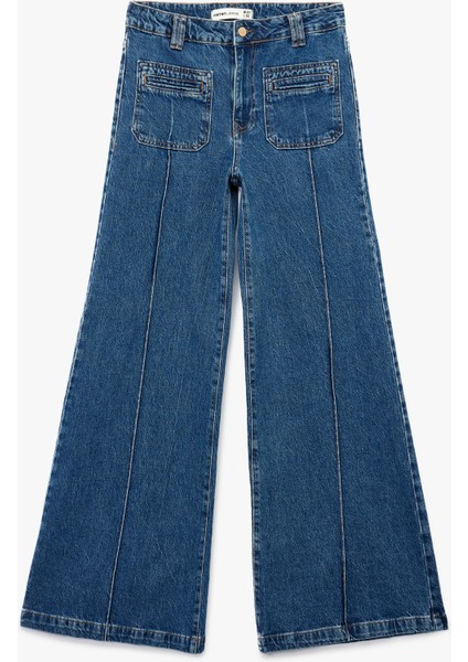 Rahat Kalıp Cep Detaylı Nervürlü Geniş Paça Jean Pantolon - Wide Leg Jeans