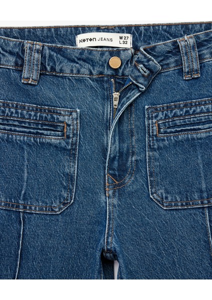 Rahat Kalıp Cep Detaylı Nervürlü Geniş Paça Jean Pantolon - Wide Leg Jeans fırsatları