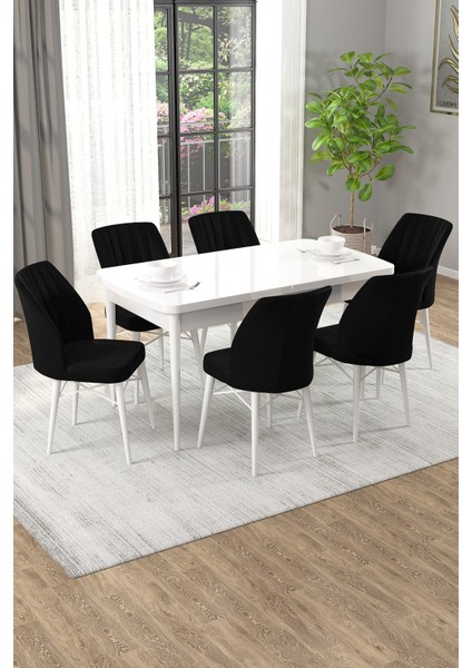 Arel Beyaz 80X132 Açılabilir Mdf Masa Yemek Odası Takımı, Mutfak Takımı 6 Adet Sandalye