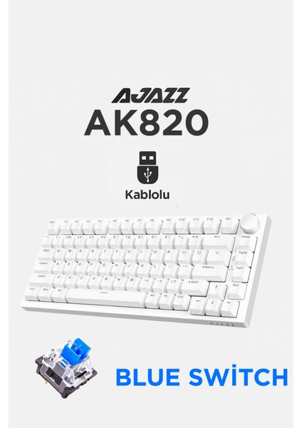 AK820 Kablolu Mekanik Oyun Klavyesi , Mavi Işıklı, Beyaz, 82 Tuş, Hot Swap, Anti Ghosting