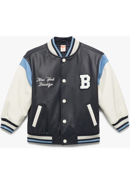 Uzun Kollu Bisiklet Yaka Renk Bloklu Bomber Kolej Ceket