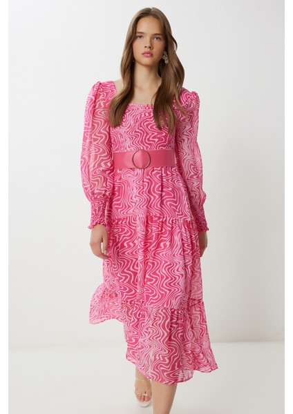 Kemerli Desenli Volanlı Şifon Elbise LFG0087 Pembe