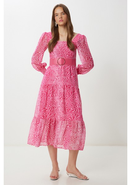 Kemerli Desenli Volanlı Şifon Elbise LFG0087 Pembe fiyatları