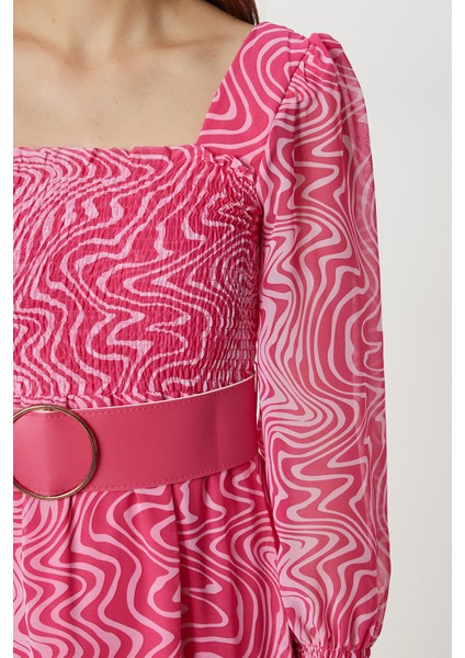 Kemerli Desenli Volanlı Şifon Elbise LFG0087 Pembe modelleri