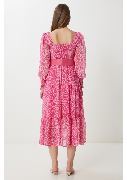 Kemerli Desenli Volanlı Şifon Elbise LFG0087 Pembe fırsatları