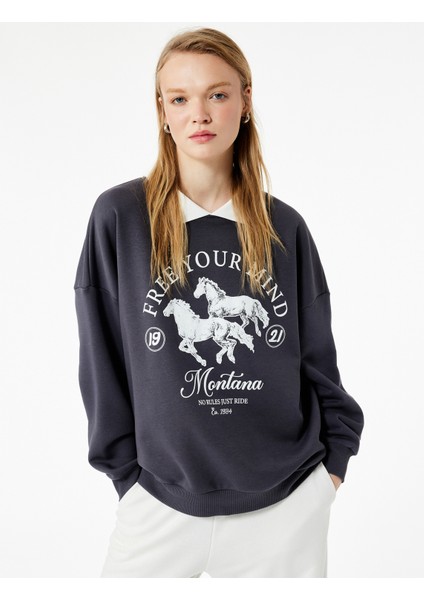 Polo Yaka Uzun Kollu Baskılı Oversize Sweatshirt