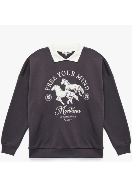 Polo Yaka Uzun Kollu Baskılı Oversize Sweatshirt modelleri