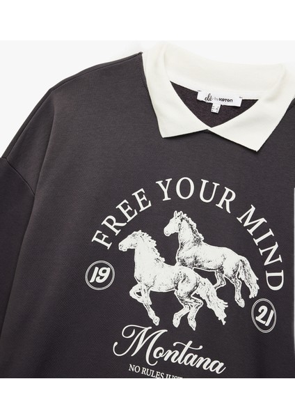 Polo Yaka Uzun Kollu Baskılı Oversize Sweatshirt indirimleri