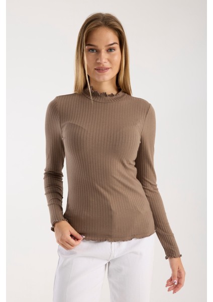 Kadın Uzun Kollu Yarım Boğazlı Fitilli Bluz – Esnek ve Konforlu 3005