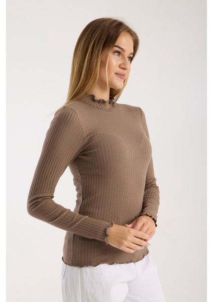 Kadın Uzun Kollu Yarım Boğazlı Fitilli Bluz – Esnek ve Konforlu 3005