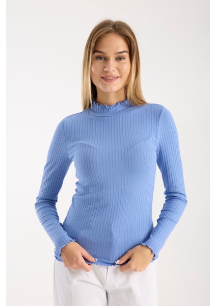 Kadın Uzun Kollu Yarım Boğazlı Fitilli Bluz – Esnek ve Konforlu 3005