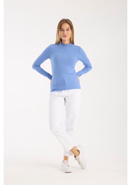 Kadın Uzun Kollu Yarım Boğazlı Fitilli Bluz – Esnek ve Konforlu 3005