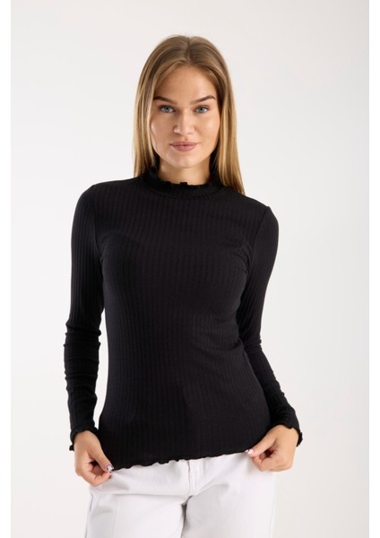 Kadın Uzun Kollu Yarım Boğazlı Fitilli Bluz – Esnek ve Konforlu 3005