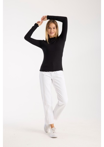 Kadın Uzun Kollu Yarım Boğazlı Fitilli Bluz – Esnek ve Konforlu 3005 indirimleri