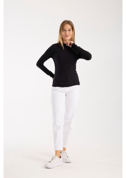 Kadın Uzun Kollu Yarım Boğazlı Fitilli Bluz – Esnek ve Konforlu 3005