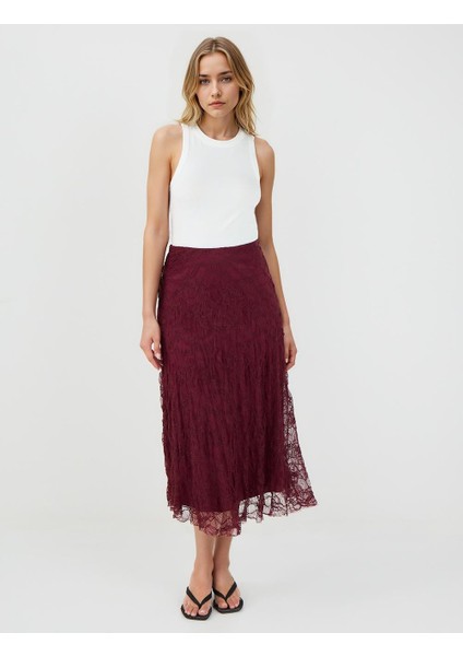 Bordo Yüksek Bel Dantel Detaylı Örme Midi Etek